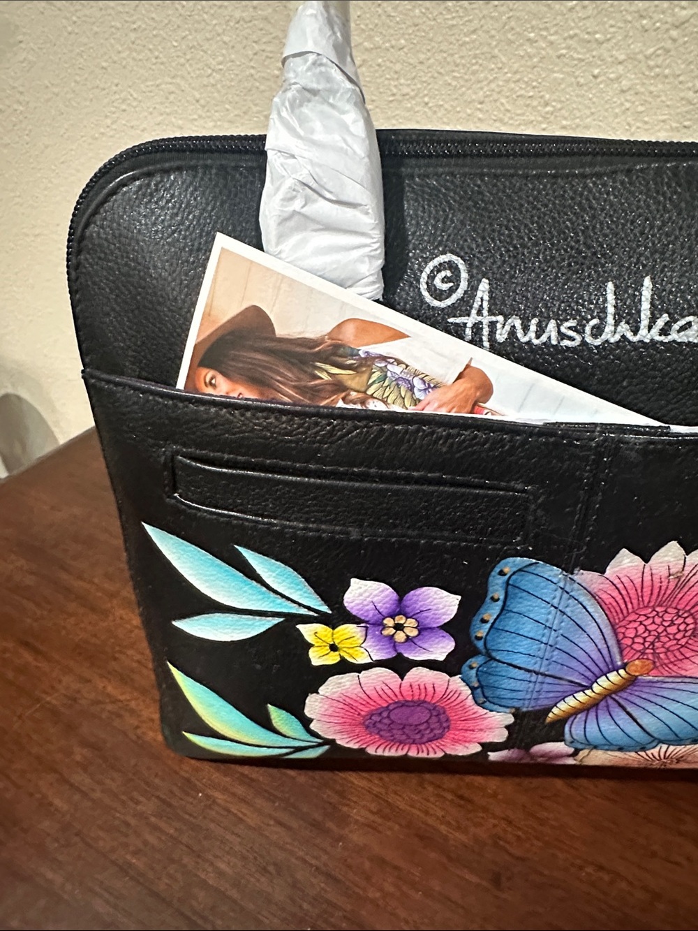 Anuschka Black Hand-Painted Leather Tote with Colorful Butterfly & Floral Design - Picture 3 of 7